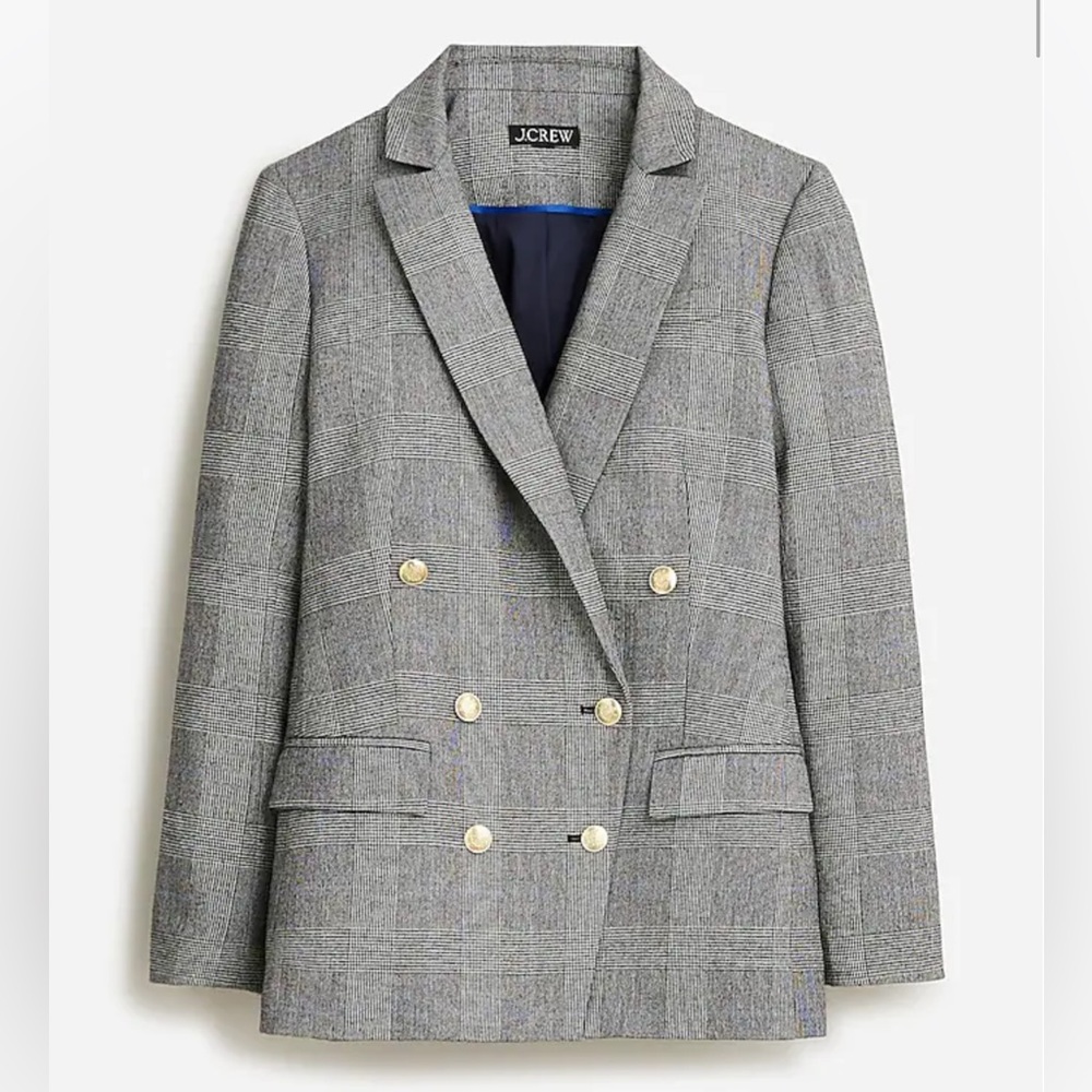J. Crew Brynn Gray Glen Plaid Double-Breasted Blazer with Gold Buttons